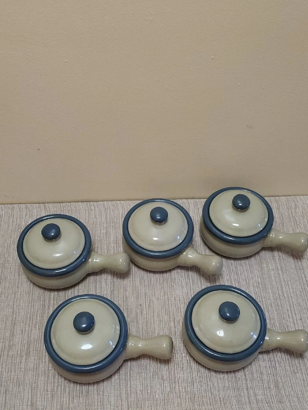 Set of 5 Blue stoneware soup crocks
